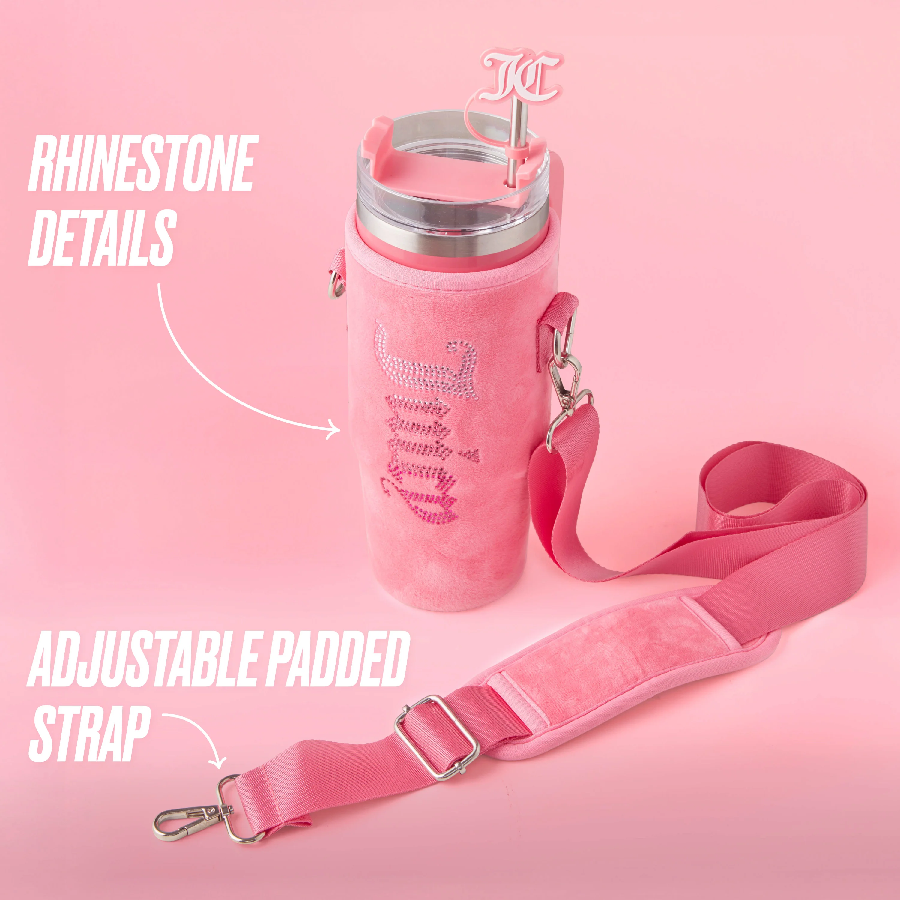 Jetsetter Hydration Stainless Steel Tumbler with Handle, Straw & Topper with Velour Crossbody Pouch - Image 3