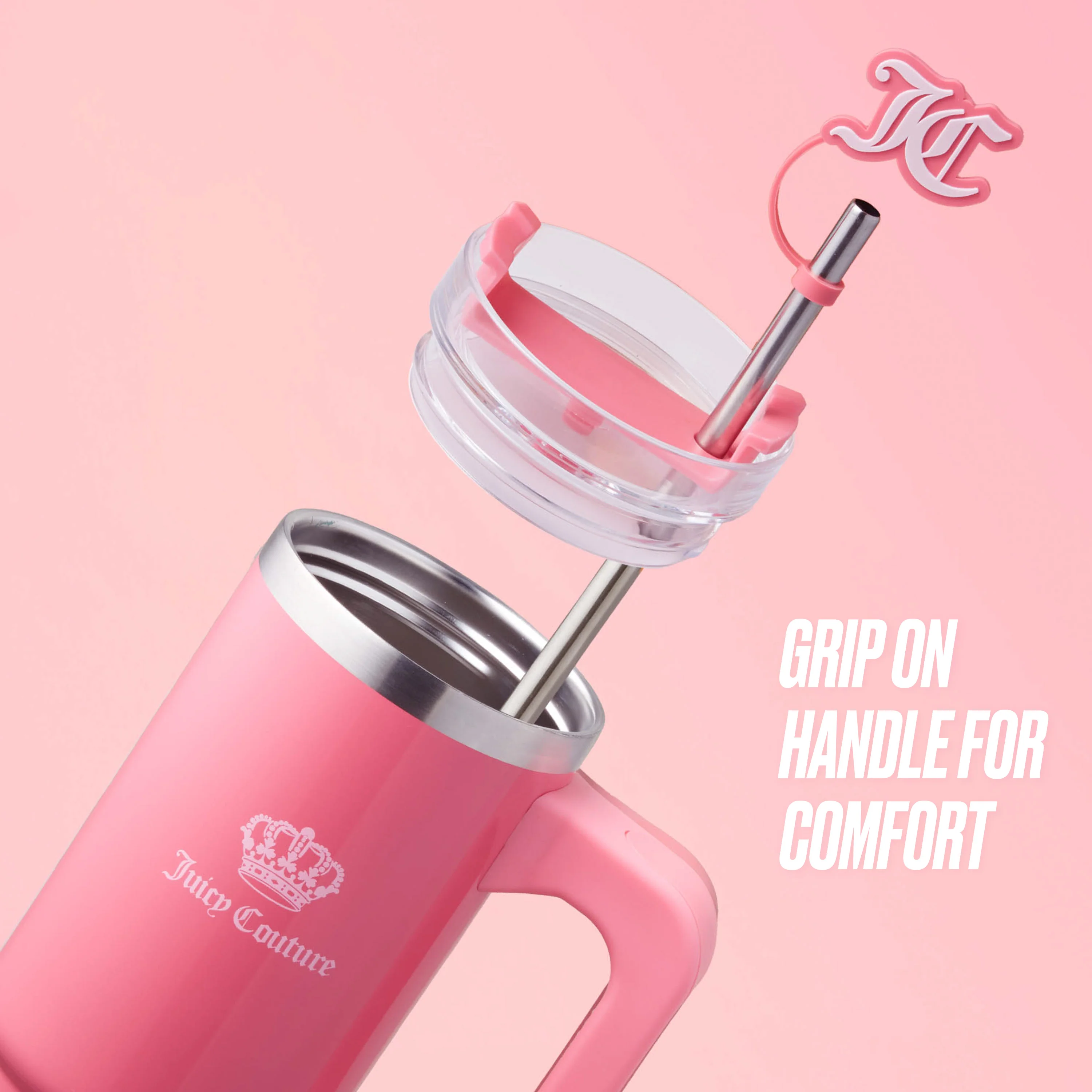 Jetsetter Hydration Stainless Steel Tumbler with Handle, Straw & Topper with Velour Crossbody Pouch - Image 4