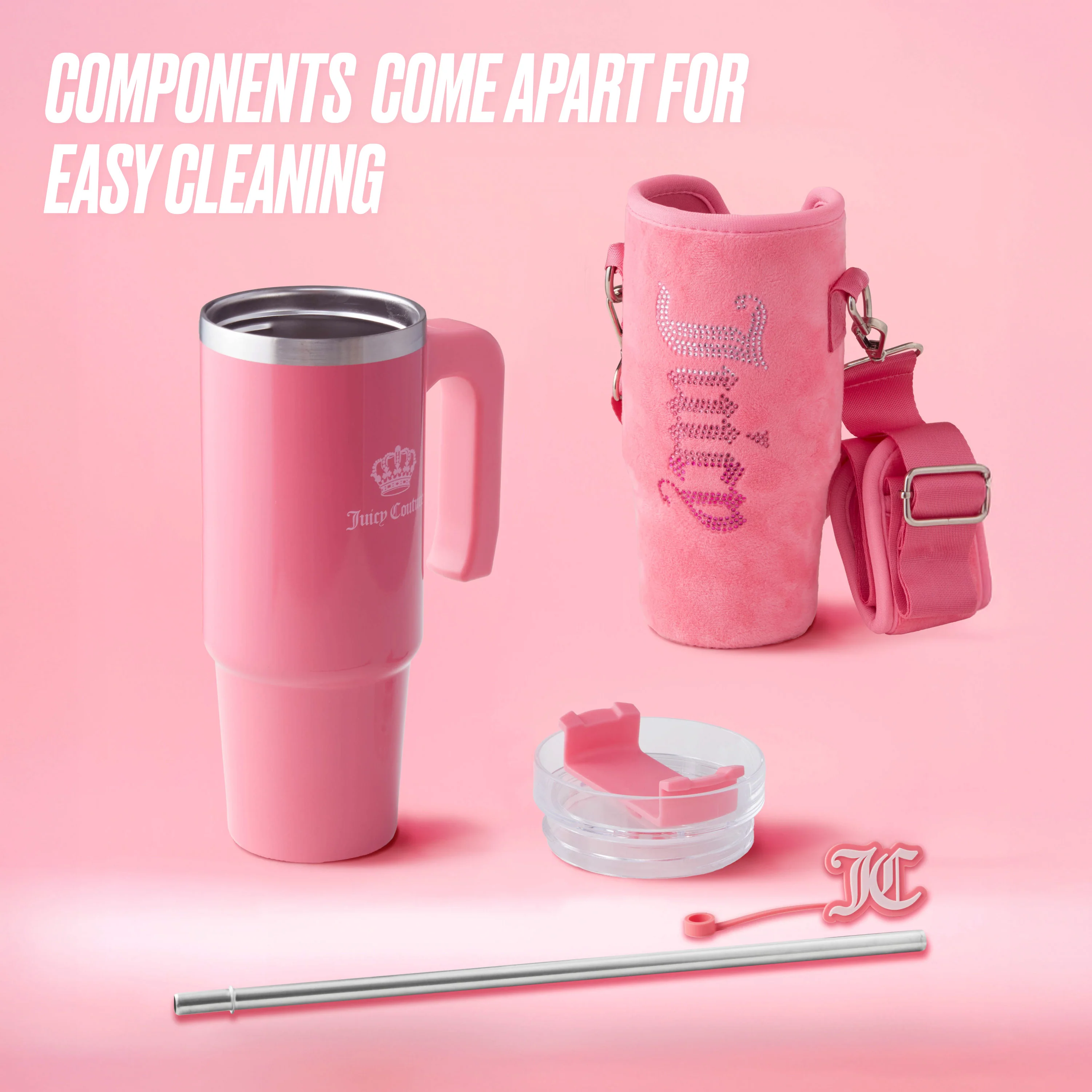 Jetsetter Hydration Stainless Steel Tumbler with Handle, Straw & Topper with Velour Crossbody Pouch - Image 5