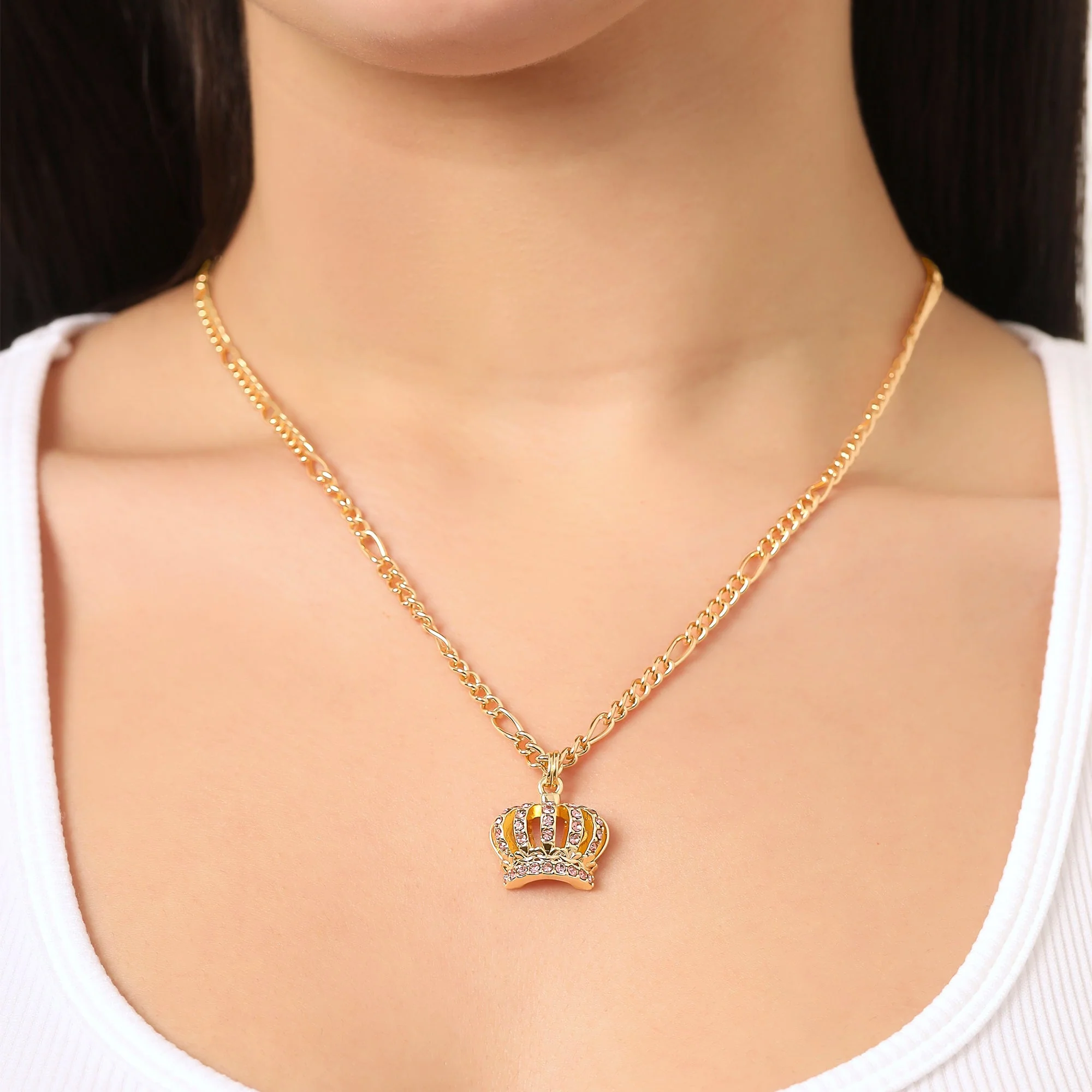 Pink Crystal Crown Pendant Necklace & Stud Earrings Set - Image 3